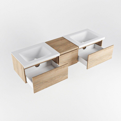 MONDIAZ BUKLA meuble de salle de bain 160cm avec module 40 couleur Chêne blanchi avec 3 tiroirs. Lavabo CLOUD double 0 trou de robinet couleur Talc.