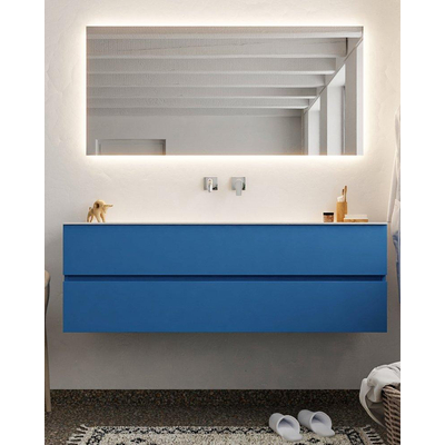 Mondiaz VICA ensemble de meuble de salle de bain - 150cm - meuble sous-vasque jeans - 2 tiroirs - lavabo cloud milieu - sans trou de robinet - miroir LED - version XL 60cm haut