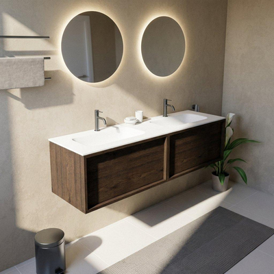 Saniclass Holz Frame Ensemble meuble de salle de bains - 160x45x41.5cm - lavabo Flow en solid surface blanc - 2 vasques - 2 trous de robinet - 2 tiroirs - chêne charcoal mat (bois)