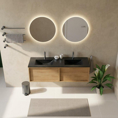Saniclass Holz Frame Ensemble meuble de salle de bains - 140x45x42cm - lavabo Vygo en céramique noir - 2 vasques - 2 trous de robinetterie - 2 tiroirs - chêne natural mat (bois)
