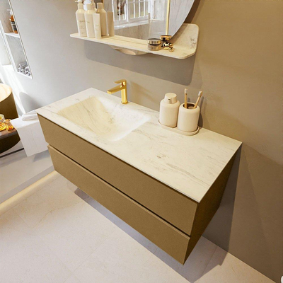 Mondiaz VICA-DLUX ensemble de meuble de salle de bain - 110cm - meuble sous-vasque oro - 2 tiroirs - lavabo encastré cloud gauche - 1 trou de robinet - version haute de 60cm - opalo