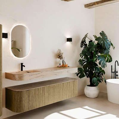 MONDIAZ THOR-DLUX 180cm meuble de salle de bains arrondi gauche + droite couleur Dusk avec 2 tiroirs et 2 portes. Vasque suspendue CLOUD Gauche 1 trou de robinet couleur Arena.