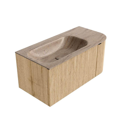 MONDIAZ KURVE-DLUX meuble de salle de bains 95cm courbure droite couleur chêne avec 1 tiroir et 1 porte. Lavabo BIG SMALL gauche 1 trou de robinet Saba.