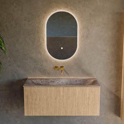 MONDIAZ KURVE-DLUX Meuble de salle de bains 100cm couleur Chêne avec 1 tiroir et 0 porte. Lavabo BIG MEDIUM Central sans trou de robinet Oza.