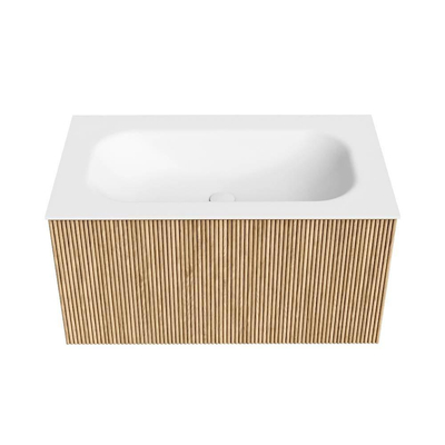 MONDIAZ KURVE Meuble de salle de bains 80cm couleur Oak avec 1 tiroir. Lavabo BIG SMALL central sans trou de robinet Talc.