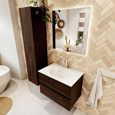 Mondiaz VICA Ensemble de meuble de salle de bain - 70cm - meuble sous-vasque marron foncé - 2 tiroirs - lavabo moon milieu - 1 trou de robinet - version haute de 60cm - talc