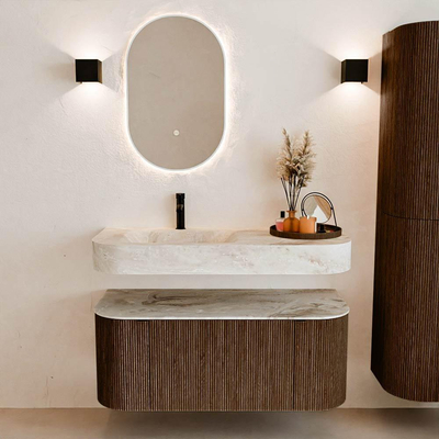 MONDIAZ THOR-DLUX Meuble de salle de bains 110cm arrondi gauche + droite couleur Walnut avec 1 tiroir et 2 portes. Vasque suspendue CLOUD Gauche 1 trou de robinet couleur Frappe.