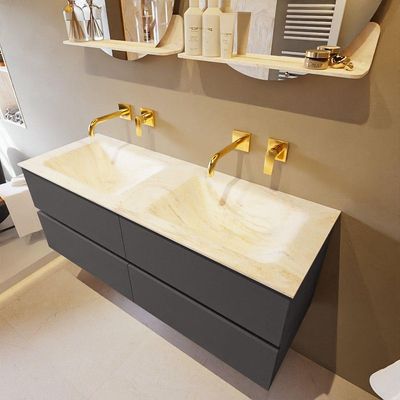 Mondiaz VICA-DLUX ensemble de meuble de salle de bain - 130cm - meuble sous-vasque gris foncé - 4 tiroirs - lavabo encastré cloud double - sans trous de robinet - version haute de 60cm - ostra