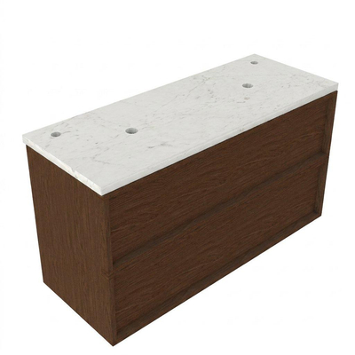 Saniclass Holz Frame Ensemble meuble de salle de bains - 120x45x63cm - Plan vasque en marbre Dia poli (blanc) - 2 trous de robinet - 2 tiroirs - mat walnut pure (bois)