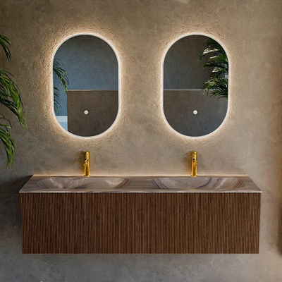 MONDIAZ KURVE-DLUX 150cm badmeubel kleur Walnut met 2 lades en 0 deuren. Wastafel STOR SMALL Dubbel 2 kraangaten Sombra.