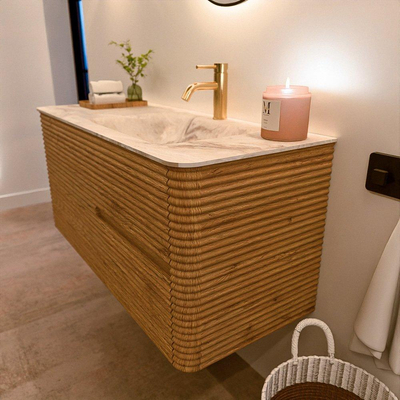 Mondiaz CIRO-DLUX Badkamermeubelset - 110x45x50cm - Solid surface wastafel Frappe - 1 wasbak Rechts - 1 kraangat - 2 lades - Oak