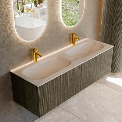 MONDIAZ KURVE-DLUX Meuble de salle de bains 140 cm couleur Shadow avec 2 tiroirs et 0 portes. Lavabo STOR SMALL Double 2 trous de robinet Meli.