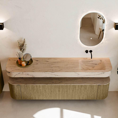 MONDIAZ THOR-DLUX Meuble de salle de bains - 200cm - arrondi gauche + droite - couleur Dusk - 2 tiroirs et 2 portes - Vasque suspendue CLOUD droite sans trou de robinet - couleur Arena