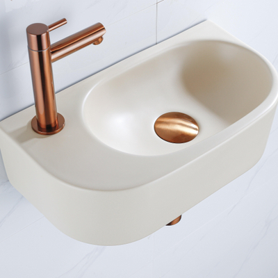 QeramiQ Fuente Ensemble de lavabo - 40x21.5x12cm - gauche - lisse - demi-rond - 1 trou de robinet - céramique - robinet de lavabo cuivre brossé - bouchon de vidange - siphon abaissé - beige