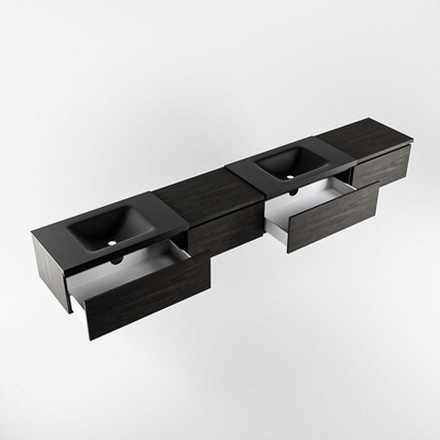 MONDIAZ BUKLA 280cm ensemble de meuble avec module 60 gauche couleur Marron Foncé avec 4 tiroirs. Lavabo CLOUD double 2 trous de robinet couleur Urban.