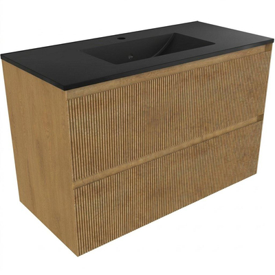 Saniclass Holz Atelier Ensemble meuble de salle de bains - 100x45x62cm - Lavabo Vygo en céramique noir - 1 vasque - 1 trou de robinetterie - 2 tiroirs - chêne natural mat (bois)