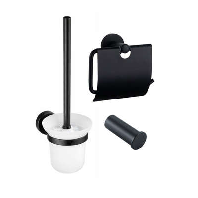 Fortifura Calvi Pack WC 3 pièces - porte-rouleau avec couvercle - brosse de toilette - crochet à serviette simple rond - Noir Mat