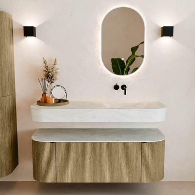 MONDIAZ THOR-DLUX 130cm meuble de salle de bains arrondi gauche + droite couleur Dusk avec 1 tiroir et 2 portes. Vasque suspendue CLOUD droite sans trou de robinet couleur Opalo.