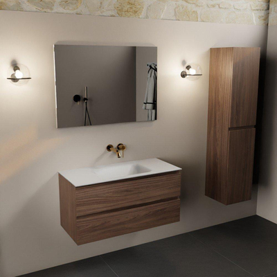 Mondiaz AIVY Ensemble de meuble - 100x45x50cm - 0 trous de robinet - 1 vasque talc Solid surface - Centre - 2 tiroirs - avec miroir - Melamine Mocha