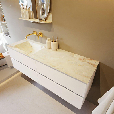 MONDIAZ VICA-DLUX Ensemble meuble de salle de bains - 150cm - meuble bas Talc - 4 tiroirs - lavabo encastré Cloud à gauche - sans trous de robinet - version haute 60cm - Frappe