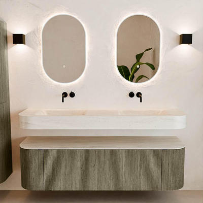 MONDIAZ THOR-DLUX 160cm meuble de salle de bains arrondi gauche + droite couleur Shadow avec 1 tiroir et 2 portes. Vasque suspendue CLOUD Double sans trou de robinet couleur Meli.