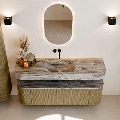 MONDIAZ THOR-DLUX 150cm meuble de salle de bains arrondi gauche + droite couleur Dusk avec 1 tiroir et 2 portes. Vasque suspendue CLOUD Milieu sans trou de robinet couleur Sombra.