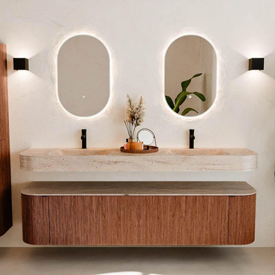 MONDIAZ THOR-DLUX 190cm meuble de salle de bains arrondi gauche + droite couleur Ruby avec 2 tiroirs et 2 portes. Vasque suspendue CLOUD Double 2 trous de robinet couleur Saba.