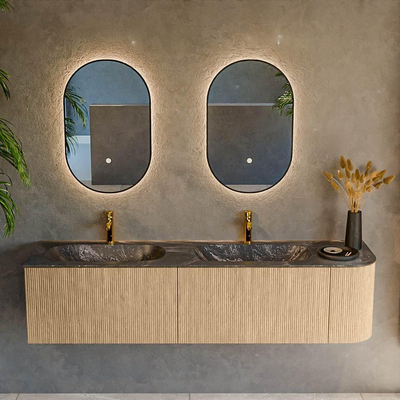 MONDIAZ KURVE-DLUX 175cm Meuble salle de bain avec module 25 D - couleur Oak - 2 tiroirs - 1 porte - vasque STOR SMALL double / gauche - 2 trous de robinet - couleur Lava