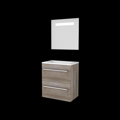 Basic-Line Economic 39 ensemble de meubles de salle de bain 60x39cm avec poignées 2 tiroirs lavabo acrylique 0 trous de robinetterie miroir éclairage led intégré mfc scotch oak