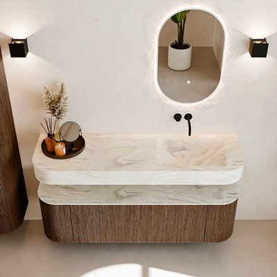 MONDIAZ THOR-DLUX 150cm badmeubel ronding links + rechts kleur Walnut met 1 lade en 2 deuren. Vrijhangende wastafel CLOUD Rechts zonder kraangat kleur Ostra.