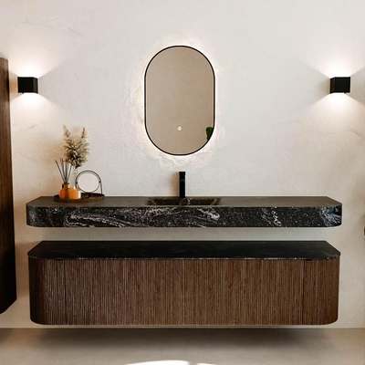 MONDIAZ THOR-DLUX 190cm badmeubel ronding links + rechts kleur Walnut met 2 lades en 2 deuren. Vrijhangende wastafel CLOUD Midden 1 kraangat kleur Lava.