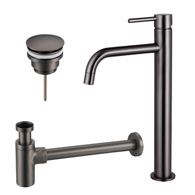 Fortifura Calvi Slim Kit mitigeur lavabo - robinet rehaussé - bonde clic clac - siphon design - PVD Gunmetal