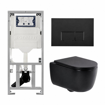 QeramiQ Dely Swirl Toiletset - 36.3x51.7cm - Geberit UP320 inbouwreservoir - met Burda frame - slim zitting - mat zwarte bedieningsplaat - rechthoekige knoppen - mat zwart