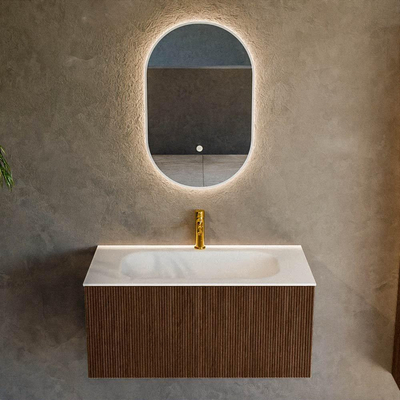 MONDIAZ KURVE 90cm badmeubel kleur Walnut met 1 lade. Wastafel BIG SMALL midden 1 kraangat Talc.