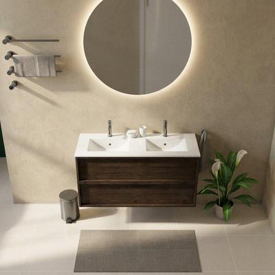 Saniclass Holz Frame Ensemble de meubles de salle de bains - 120x45x62cm - lavabo Vygo en céramique blanc - 2 vasques - 2 trous de robinetterie - 2 tiroirs - chêne charcoal mat (bois)
