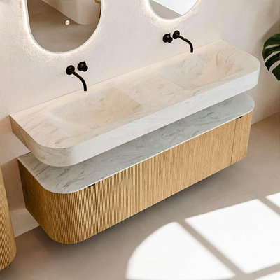 MONDIAZ THOR-DLUX Meuble de salle de bains 160cm arrondi gauche + droite couleur Oak avec 1 tiroir et 2 portes. Vasque suspendue CLOUD Double sans trou de robinet couleur Opalo.