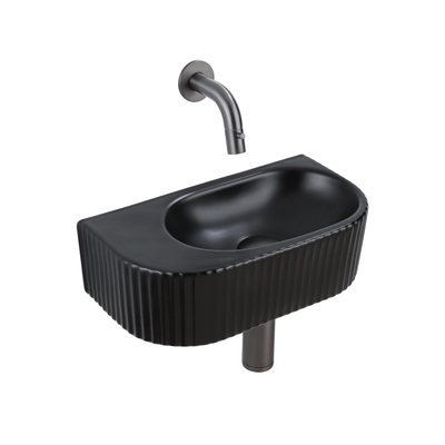 QeramiQ Fuente Ensemble de Lavabo - 40x21.5x12cm - strié - demi-rond - céramique - ensemble de robinet gunmetal - bouchon de vidange - siphon abaissé - noir mat