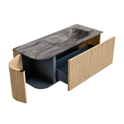 MONDIAZ KURVE-DLUX Meuble de salle de bains 115cm arrondi gauche couleur Oak avec 1 tiroir et 1 porte. Lavabo BIG SMALL droit 1 trou de robinet Sombra.