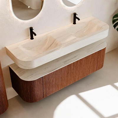 MONDIAZ THOR-DLUX 150cm meuble de salle de bains arrondi gauche + droite couleur Ruby avec 1 tiroir et 2 portes. Vasque suspendue CLOUD Double 2 trous de robinet couleur Meli.