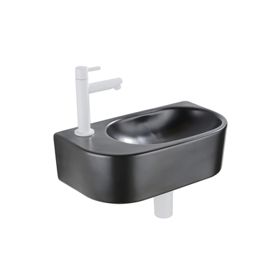 Fugaflow Efficiente Pietra Ensemble lave-mains – 40 x 21,5 x 12 cm – gauche – lisse – demi-rond – 1 trou pour robinet – céramique – robinet pour lave-mains blanc mat – bonde d’évacuation – siphon extra-plat – noir mat