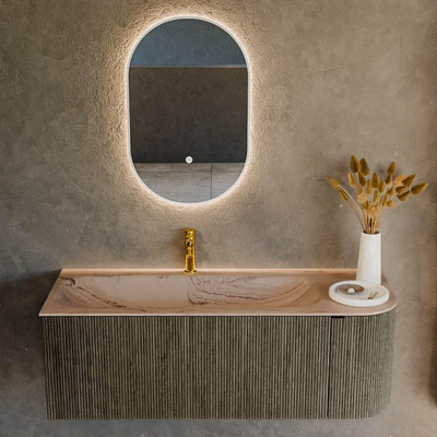MONDIAZ KURVE-DLUX Meuble de salle de bains 125cm arrondi à droite couleur Shadow avec 1 tiroir et 1 porte. Lavabo BIG MEDIUM gauche 1 trou de robinet Arena.
