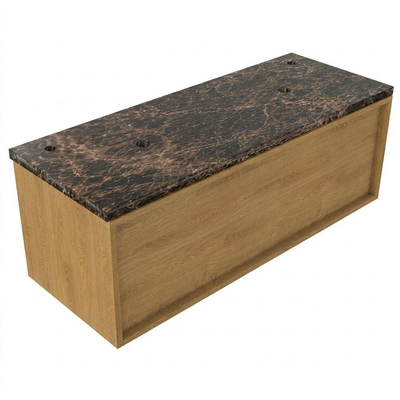 Saniclass Holz Frame Ensemble de meuble de salle de bains - 120x45x43cm - Plan de travail en pierre naturelle Noche dark emperador - 2 trous de robinet - 1 tiroir - chêne natural mat (bois)