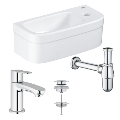 Grohe Euro Kit lave-mains 37x18cm 1 trou de robinet sans trop-plein rectangulaire blanc et robinet droit, siphon et bonde en chrome