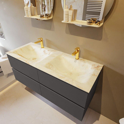 Mondiaz VICA-DLUX Ensemble de meuble de salle de bain - 120cm - meuble sous-vasque gris foncé - 4 tiroirs - lavabo encastré cloud double - 2 trous de robinet - version haute de 60cm - frape