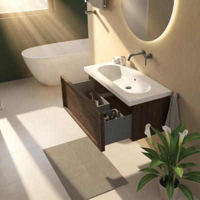 Saniclass Holz Frame Ensemble meuble de salle de bains - 100x45x43.5cm - lavabo en céramique Palermo blanc - 1 vasque - sans trou de robinet - 1 tiroir - chêne charcoal mat (bois)