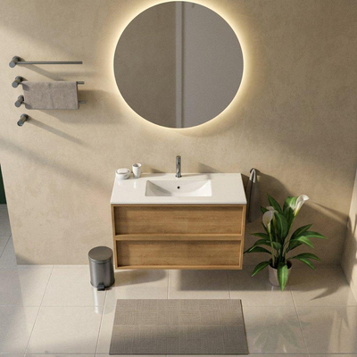 Saniclass Holz Frame Ensemble de meuble de salle de bains - 100x45x62cm - Lavabo Vygo en céramique blanc - 1 vasque - 1 trou de robinetterie - 2 tiroirs - chêne natural mat (bois)
