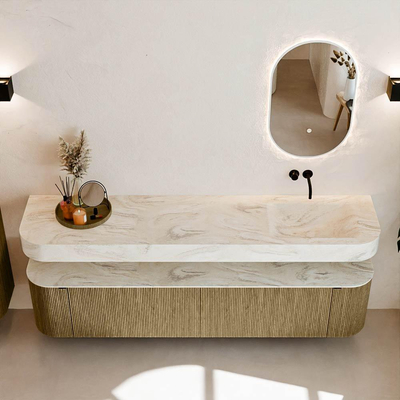 MONDIAZ THOR-DLUX 200cm meuble de salle de bains arrondi gauche + droite couleur Dusk avec 2 tiroirs et 2 portes. Vasque suspendue CLOUD Droite sans trou de robinet couleur Ostra.