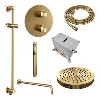 BRAUER Stripe Thermostatische Inbouw Regendouche - 3-weg - rond - SET 44 - 25cm douchekop - gebogen muurarm - staaf handdouche - doucheslang - geïntegreerde glijstang - goud geborsteld PVD
