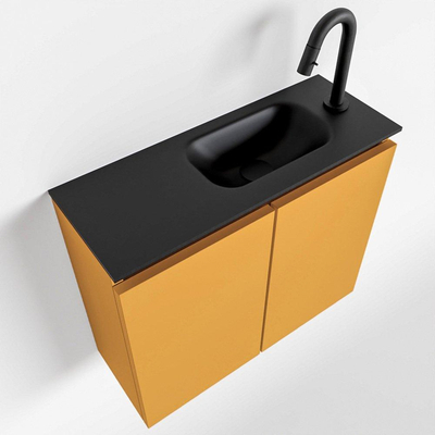 MONDIAZ TURE Toiletmeubel 60x23x50cm met 1 kraangaten 2 deuren ocher mat Wastafel Eden rechts Solid Surface Zwart