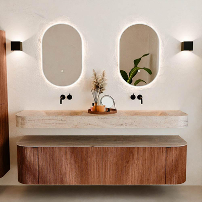 MONDIAZ THOR-DLUX 180cm meuble de salle de bains arrondi gauche + droite couleur Ruby avec 2 tiroirs et 2 portes. Vasque suspendue CLOUD Double sans trou de robinet couleur Saba.